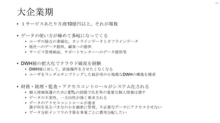 大企業期
• １サービスあたり月商10億円以上、それが複数
• データの使い方が極めて多岐になってくる
• ユーザの接点の多様化、オンラインデータとオフラインデータ
• 他社へのデータ提供、顧客への提供
• サービス管理画面、サポートセンターへのデータ提供等
• DWH層の肥大化でクラウド破産を経験
• DWH層に対して、直接操作をさせたくなくなる
• ユーザをランダムサンプリングした統計用の小規模なDWHの構築を模索
• 財務・経理・監査・アクセスコントロールがシステム化される
• 個人情報保護のためにETLの段階で氏名等の重要な個人情報は潰す
• データの不変性、一方向性が強く要求される
• データのアクセスコントロールが要求
誰が何を見るべきなのかを厳密に管理、不必要なデータにアクセスさせない
• データ分析インフラの予算を事業ごとに費用分配したい
28
 