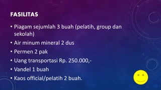 FASILITAS
• Piagam sejumlah 3 buah (pelatih, group dan
sekolah)
• Air minum mineral 2 dus
• Permen 2 pak
• Uang transportasi Rp. 250.000,-
• Vandel 1 buah
• Kaos official/pelatih 2 buah.
 