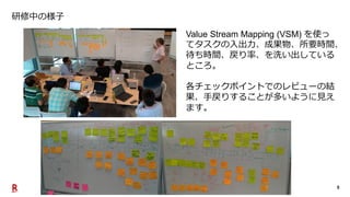 5
研修中の様子
Value Stream Mapping (VSM) を使っ
てタスクの入出力、成果物、所要時間、
待ち時間、戻り率、を洗い出している
ところ。
各チェックポイントでのレビューの結
果、手戻りすることが多いように見え
ます。
 