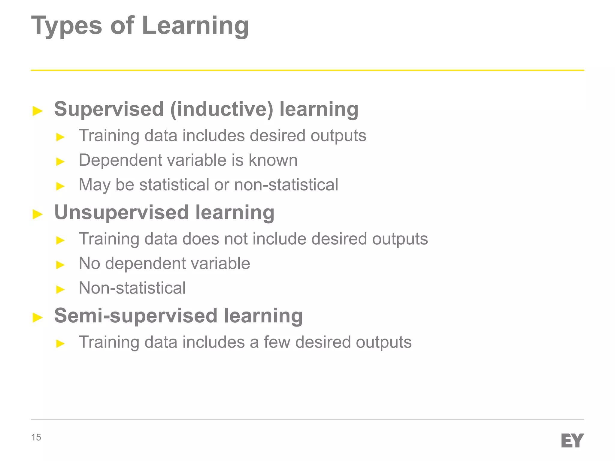 15
Types of Learning
► Supervised (inductive) learning
► Training data includes desired outputs
► Dependent variable is known
► May be statistical or non-statistical
► Unsupervised learning
► Training data does not include desired outputs
► No dependent variable
► Non-statistical
► Semi-supervised learning
► Training data includes a few desired outputs
 
