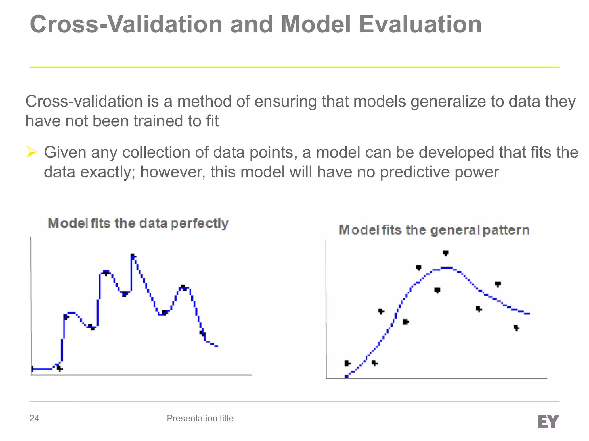 24
Cross-Validation and Model Evaluation
Presentation title
Cross-validation is a method of ensuring that models generalize to data they
have not been trained to fit
 Given any collection of data points, a model can be developed that fits the
data exactly; however, this model will have no predictive power
 