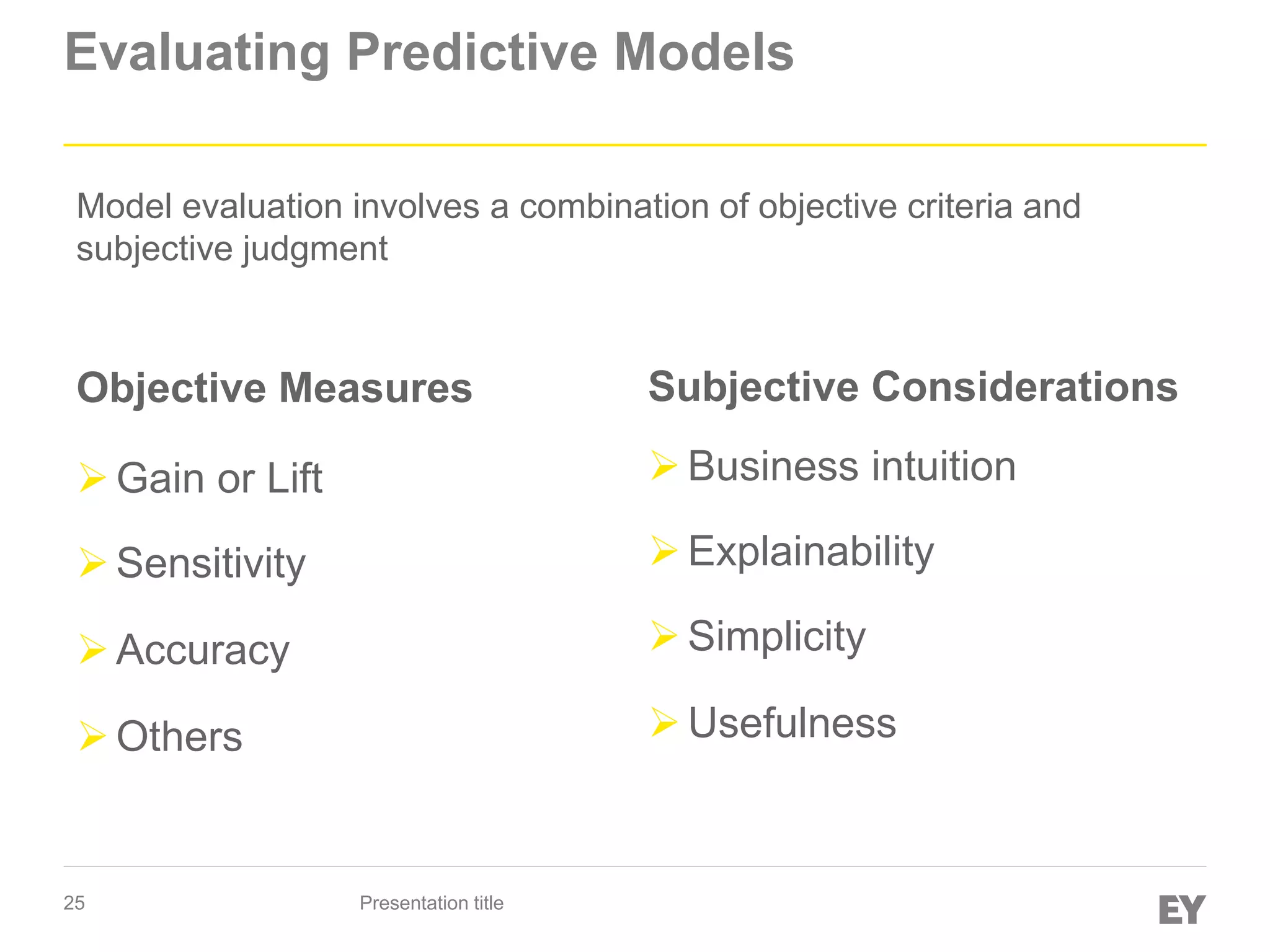 25
Evaluating Predictive Models
Presentation title
Model evaluation involves a combination of objective criteria and
subjective judgment
Objective Measures
Gain or Lift
Sensitivity
Accuracy
Others
Subjective Considerations
Business intuition
Explainability
Simplicity
Usefulness
 