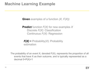18
Machine Learning Example
Predict function F(X) for new examples X
Discrete F(X): Classification
Continuous F(X): Regression
F(X) = Probability(X): Probability
estimation
Given examples of a function (X, F(X))
The probability of an event X, denoted F(X), represents the proportion of all
events that have X as their outcome, and is typically represented as a
decimal 0<P(X)<1
 