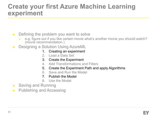40
Create your first Azure Machine Learning
experiment
► Defining the problem you want to solve
► e.g. figure out if you like certain movie what’s another movie you should watch?
(movie recommendation )
► Designing a Solution Using AzureML
1. Creating an experiment
2. Load a Data Set
3. Create the Experiment
4. Add Transformations and Filters
5. Create the Experiment Path and apply Algorithms
6. Save and Run the Model
7. Publish the Model
8. Use the Model
► Saving and Running
► Publishing and Accessing
 