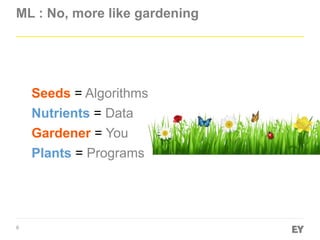 9
ML : No, more like gardening
Gardener = You
Seeds = Algorithms
Nutrients = Data
Plants = Programs
 