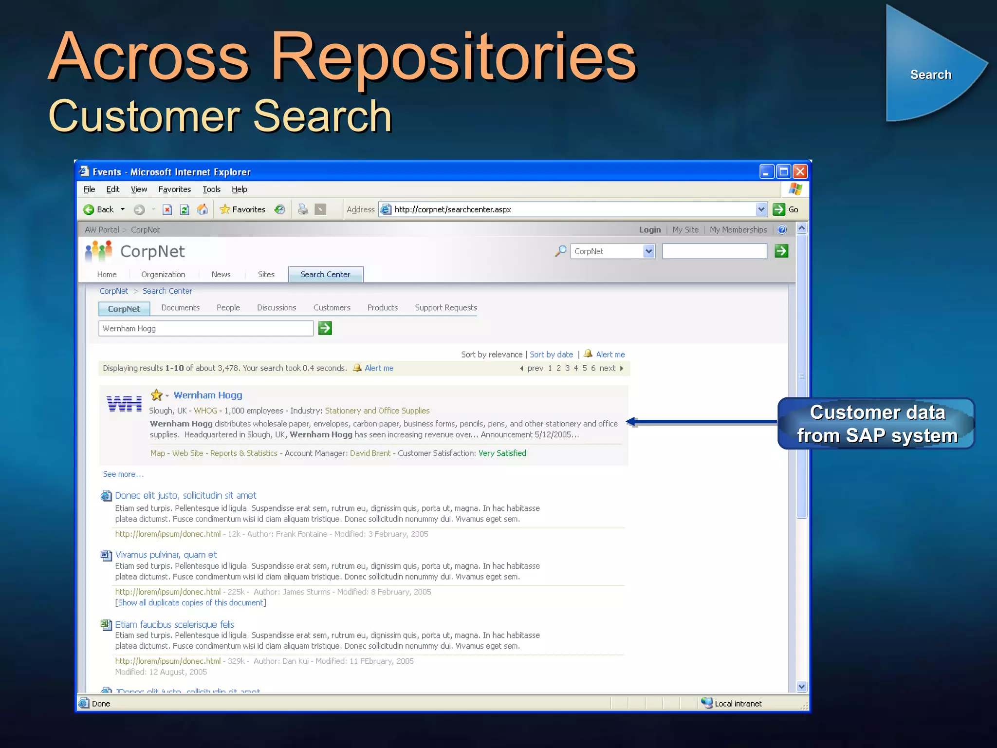 Across Repositories Customer Search Customer data from SAP system Search 
