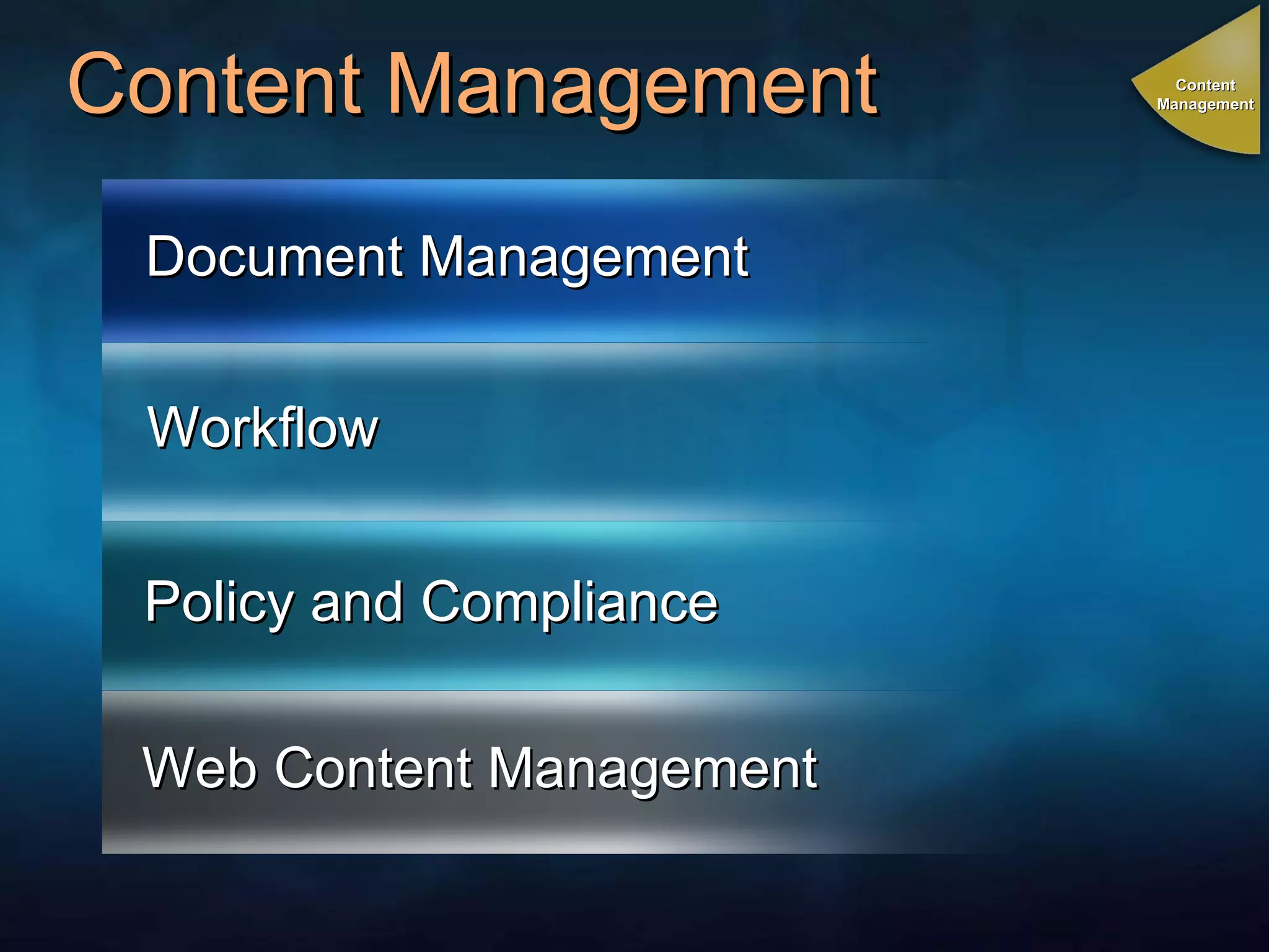 Content Management Document Management Workflow Policy and Compliance Web Content Management Content Management 