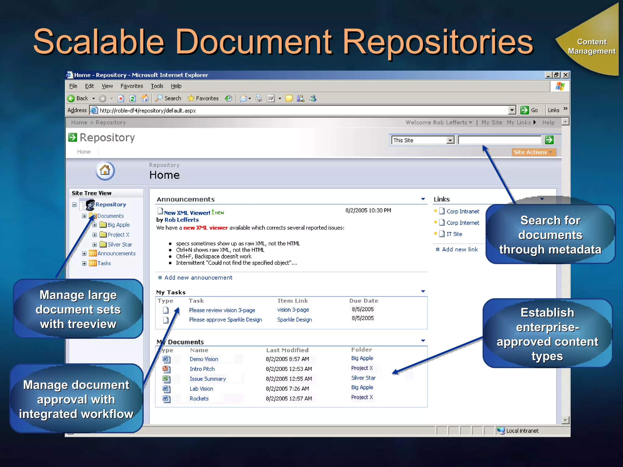 Scalable Document Repositories   Search for documents through metadata Manage large document sets with treeview Manage document approval with integrated workflow Establish enterprise-approved content types Content Management 