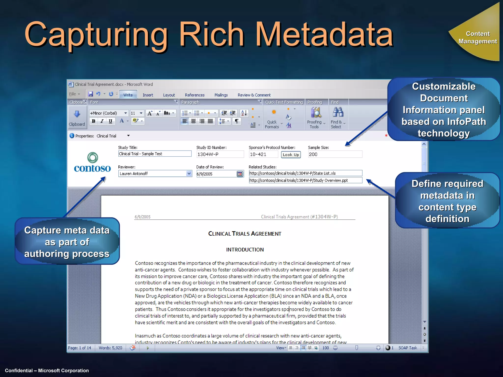 Capturing Rich Metadata Confidential – Microsoft Corporation Define required metadata in content type definition Customizable Document Information panel based on InfoPath technology Capture meta data as part of authoring process Content Management 