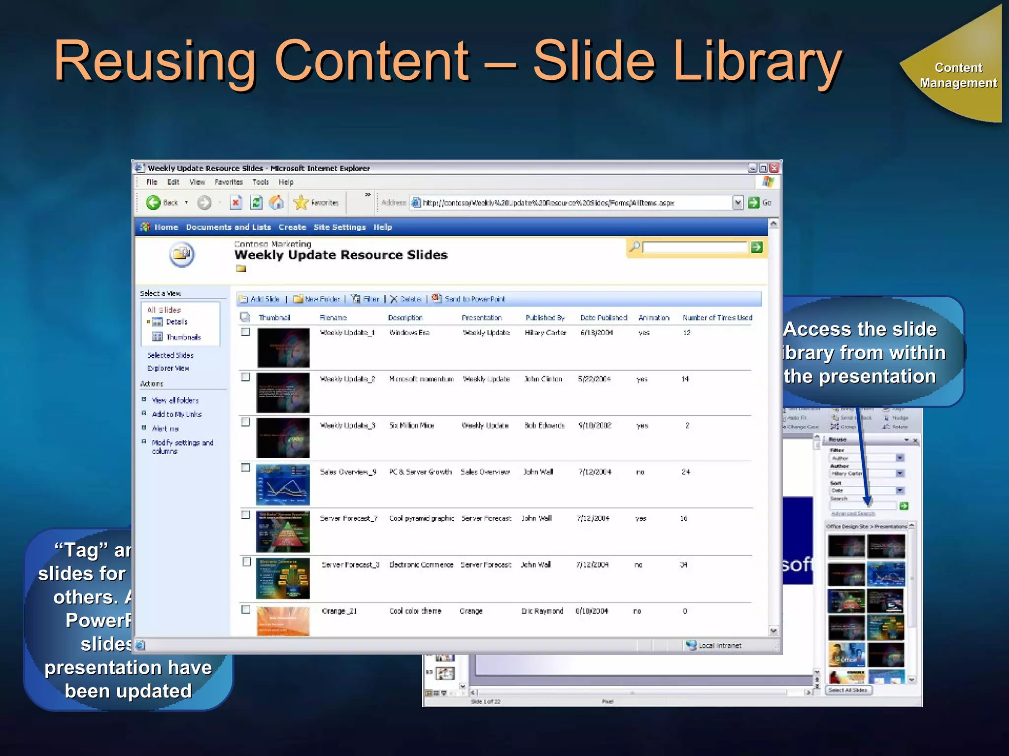 Reusing Content – Slide Library “ Tag” and store slides for re-use by others. Alerts in PowerPoint if slides in a presentation have been updated Access the slide library from within the presentation Content Management 