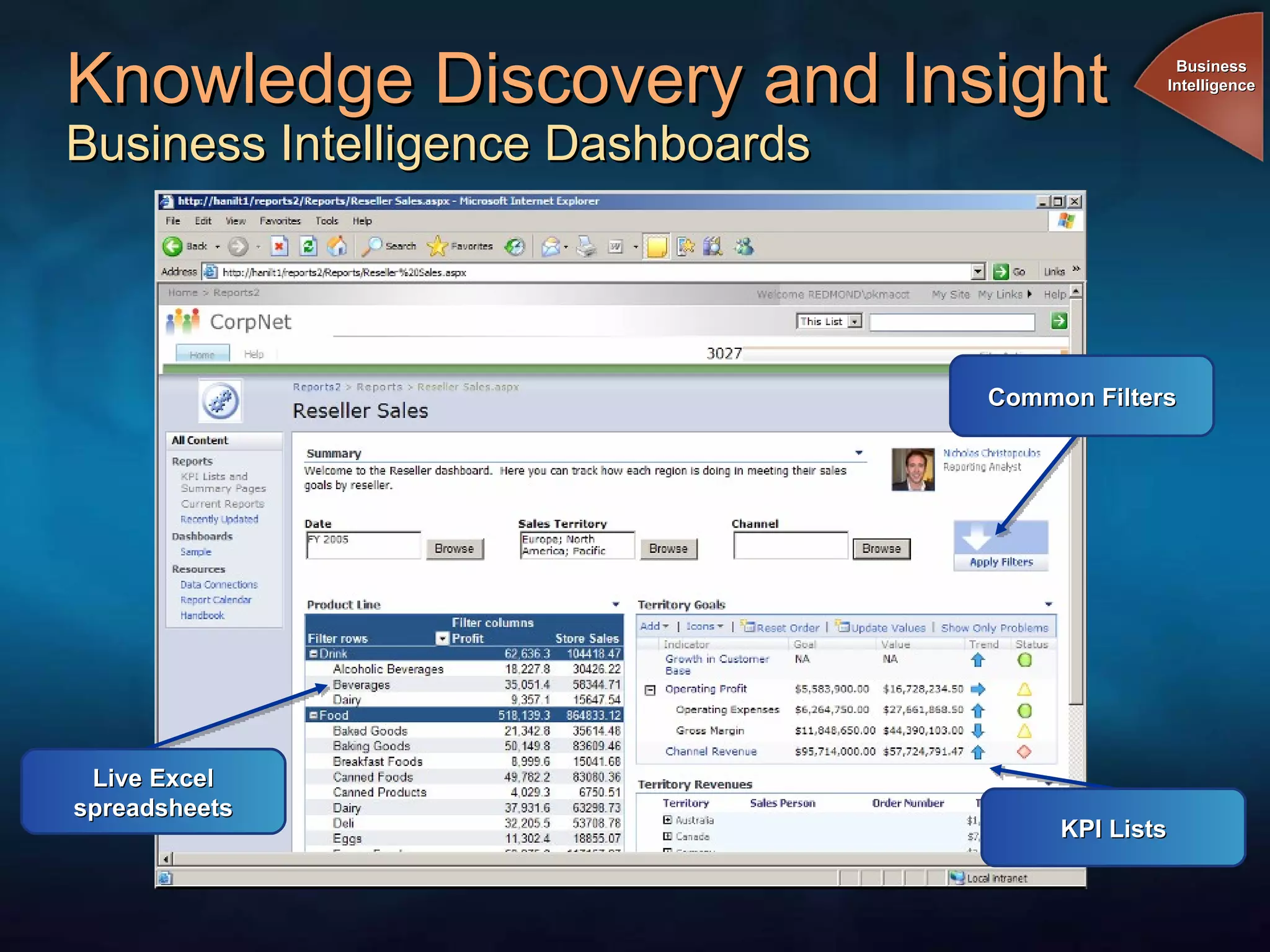 Knowledge Discovery and Insight  Business Intelligence Dashboards Common Filters KPI Lists Live Excel spreadsheets Business Intelligence 