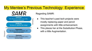 My Mentee’s Previous Technology Experience
Regarding SAMR:
● This teacher’s past tech projects were
mostly replacing paper and pencil
assignments with little enhancement.
● This places her at the Substitution Phase,
with a little Augmentation.
 