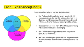 Tech Experience(Cont.)
In conversations with my mentee we determined:
● Her Pedagogical Knowledge is very good, with 19
years experience, the first 4 in science, the next 14 in
Business and Entrepreneurship, and the most recent
in Science. It is her first year teaching middle school.
● Class control has been more difficult this year, making
individualized instruction challenging
● Her Content Knowledge of her current assignment
good, but “a little rusty”.
● Her Tech Knowledge is good, she has integrated some
tech into classes, but has not successfully done so this
year
 