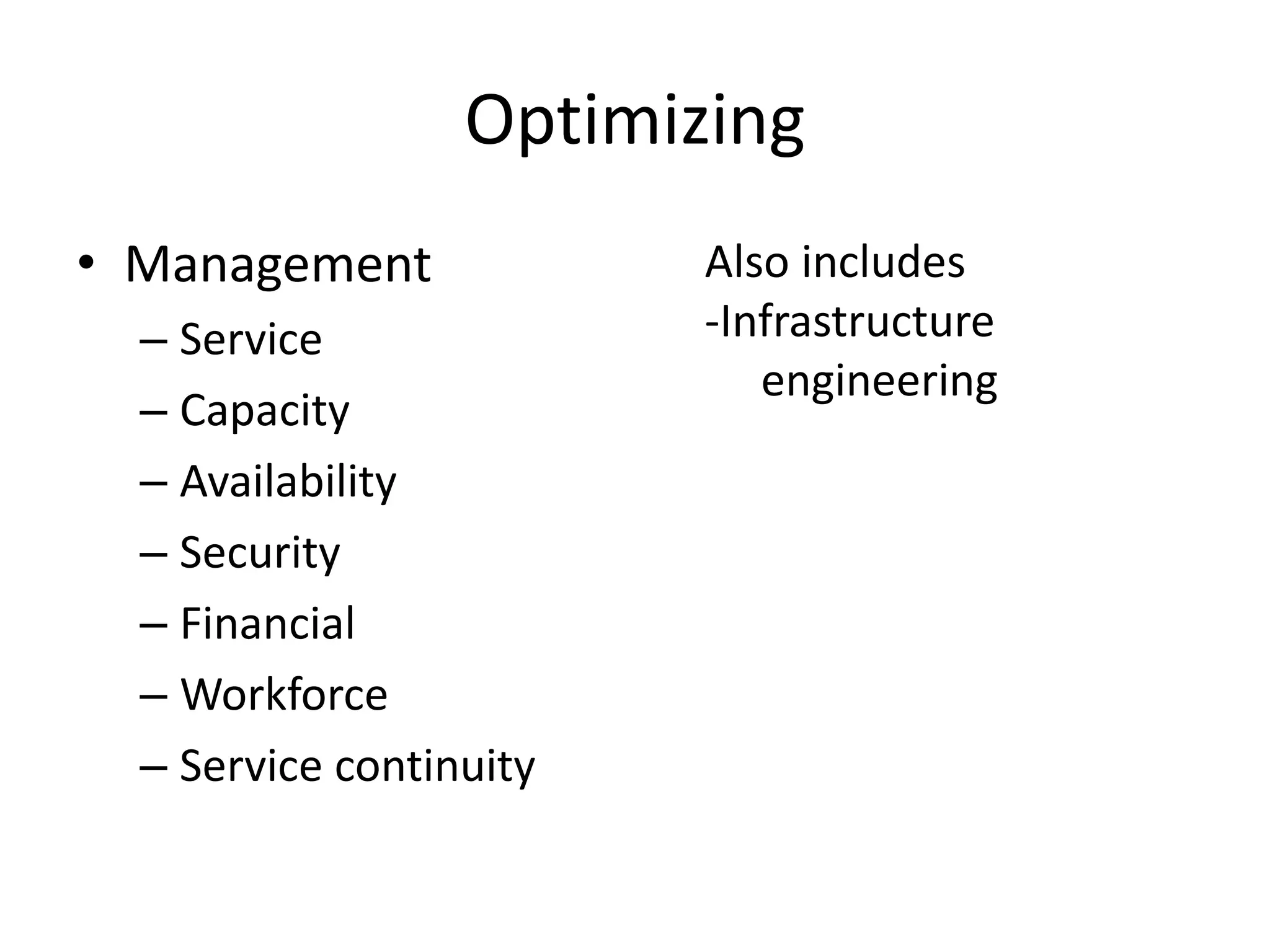 Optimizing
• Management
– Service
– Capacity
– Availability
– Security
– Financial
– Workforce
– Service continuity
Also includes
-Infrastructure
engineering
