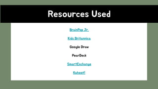Resources Used
BrainPop Jr.
Kids Britannica
Google Draw
PearDeck
SmartExchange
Kahoot!
 