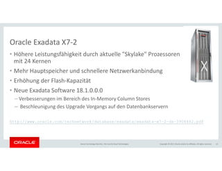 Copyright © 2017, Oracle and/or its affiliates. All rights reserved.Oracle Technology Monthly | BU Core & Cloud Technologies 13
Oracle Exadata X7-2
• Höhere Leistungsfähigkeit durch aktuelle "Skylake" Prozessoren
mit 24 Kernen
• Mehr Hauptspeicher und schnellere Netzwerkanbindung
• Erhöhung der Flash-Kapazität
• Neue Exadata Software 18.1.0.0.0
– Verbesserungen im Bereich des In-Memory Column Stores
– Beschleunigung des Upgrade Vorgangs auf den Datenbankservern
http://www.oracle.com/technetwork/database/exadata/exadata-x7-2-ds-3908482.pdf
 