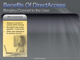 Benefits Of DirectAccessBringing Corpnet to the UserMore productivityAlways-on access to corpnet while roamingNo explicit user action required – it just worksSame user experience on premise and off