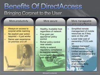 Benefits Of DirectAccessBringing Corpnet to the UserMore secureMore manageable and cost effectiveMore productivityAlways-on access to corpnet while roamingNo explicit user action required – it just worksSame user experience on premise and offSimplified remote management of mobile resources as if they were on the LANLower total cost of ownership (TCO) with an “always managed” infrastructure Unified secure access across all scenarios and networksIntegrated administration of all connectivity mechanismsHealthy, trustable host regardless of networkFine grain per app/server policy controlRicher policy control near assetsAbility to extend regulatory compliance to roaming assetsIncremental deployment path toward IPv6