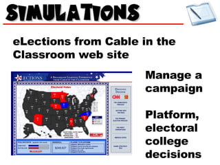 eLections from Cable in the Classroom web site Manage a campaign Platform, electoral college decisions 