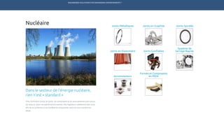 ENGINEERED SOLUTIONS FOR DEMANDING ENVIRONMENTS ®
	
Nucléaire
Dans le secteur de l’énergie nucléaire,
rien n’est « standard »
Chez Technetics Group, les joints, les composants et les sous-systèmes sont conçus
sur mesure, selon vos spécifications exactes. Nos ingénieurs collaborent avec vous
afin de se conformer à vos modèles de composants, dans un souci extrême du
détail.
Accumulateurs
Joints SpiralésJoints Métalliques Joints en Graphite
Formes et Composants
en PEEK
Système de
Serrage RapideJoints GonflablesJoints en Elastomère
TECHNETICS GROUP PRODUITS SERVICES R&DMARCHÉSENPRO INDUSTRIES
 