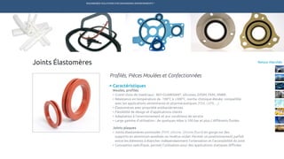 ENGINEERED SOLUTIONS FOR DEMANDING ENVIRONMENTS ®
	
Retour MarchésJoints Élastomères
Profilés, Pièces Moulées et Confectionnées
Caractéristiques
Moulés, profilés
•	Grand choix de matériaux : BIO-GUARDIAN®
, silicones, EPDM, FKM, HNBR.
•	Résistance en température de -100°C à +300°C, inertie chimique élevée, compatible 	
	 avec les applications alimentaires et pharmaceutiques (FDA, USP6,…)	
•	Élastomères avec propriété antibactériennes
•	Flexibilité de design et d’applications clients
•	Adaptation à l’environnement et aux conditions de service
•	Large gamme d’utilisation : de quelques mbar à 100 bar et plus / différents fluides
Joints plaques
•	Joints élastomères surmoulés (FKM, silicone, Silicone fluoré) en gorge sur des
	 supports en aluminium anodisés ou revêtus nickel. Permet un positionnement parfait 	
	 entre les éléments à étancher indépendamment l’orientation et l’accessibilité du joint
•	Conception spécifique, permet l’utilisation pour des applications statiques difficiles
TECHNETICS GROUP SERVICESMARCHÉS R&DPRODUITSENPRO INDUSTRIES
 
