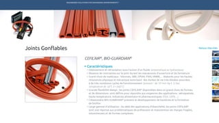ENGINEERED SOLUTIONS FOR DEMANDING ENVIRONMENTS ®
	
Retour MarchésJoints Gonflables
CEFIL’AIR®
, BIO-GUARDIAN®
Caractéristiques
•	Déploiement et rétractation sous l’action d’un fluide (pneumatique ou hydraulique)
•	Absence de contraintes sur le joint durant les manœuvres d’ouverture et de fermeture
•	Grand choix de matériaux : Silicones, SBR, EPDM, FKM, HNBR,… élaborés pour les hautes 	
	 résistances physique et mécanique autorisant des durées de vie très élevées associées
	 à de très nombreux cycles de fonctionnement (pression : de 10-3
mm Hg à 12 bar,
	 température de -50°C à +360°C)
•	Grande flexibilité design : les joints CEFILAIR®
disponibles dans un grand choix de formes, 	
	 et de dimensions sont définis pour répondre aux exigences des applications : aérospatiale,	
	 haute température, industries alimentaire et pharmaceutiques (FDA, USP6…)
•	L’élastomère BIO-GUARDIAN®
prévient le développement de bactéries et la formation
	 de biofilm
•	Large gamme d’utilisation : Au-delà des applications d’étanchéité, les joints CEFILAIR®
		
	 sont une réponse aux problématiques de préhension et manutention de charges fragiles, 	
	 volumineuses et de formes complexes
TECHNETICS GROUP SERVICESMARCHÉS R&DPRODUITSENPRO INDUSTRIES
 