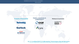 ENGINEERED SOLUTIONS FOR DEMANDING ENVIRONMENTS ®
	
ENPRO INDUSTRIES
Produits d’étanchéité Moteurs & services
Paliers, coussinets &
compresseurs
CA : $ 1.4 milliard (2017) / 6 000 salariés / 54 principaux sites de fabrication
Les montants indiqués tiennent compte des opérations de déconsolidation de Garlock Sealing Technologies LLC et de ses filiales
TECHNETICS GROUP PRODUITS SERVICESMARCHÉS R&D
 