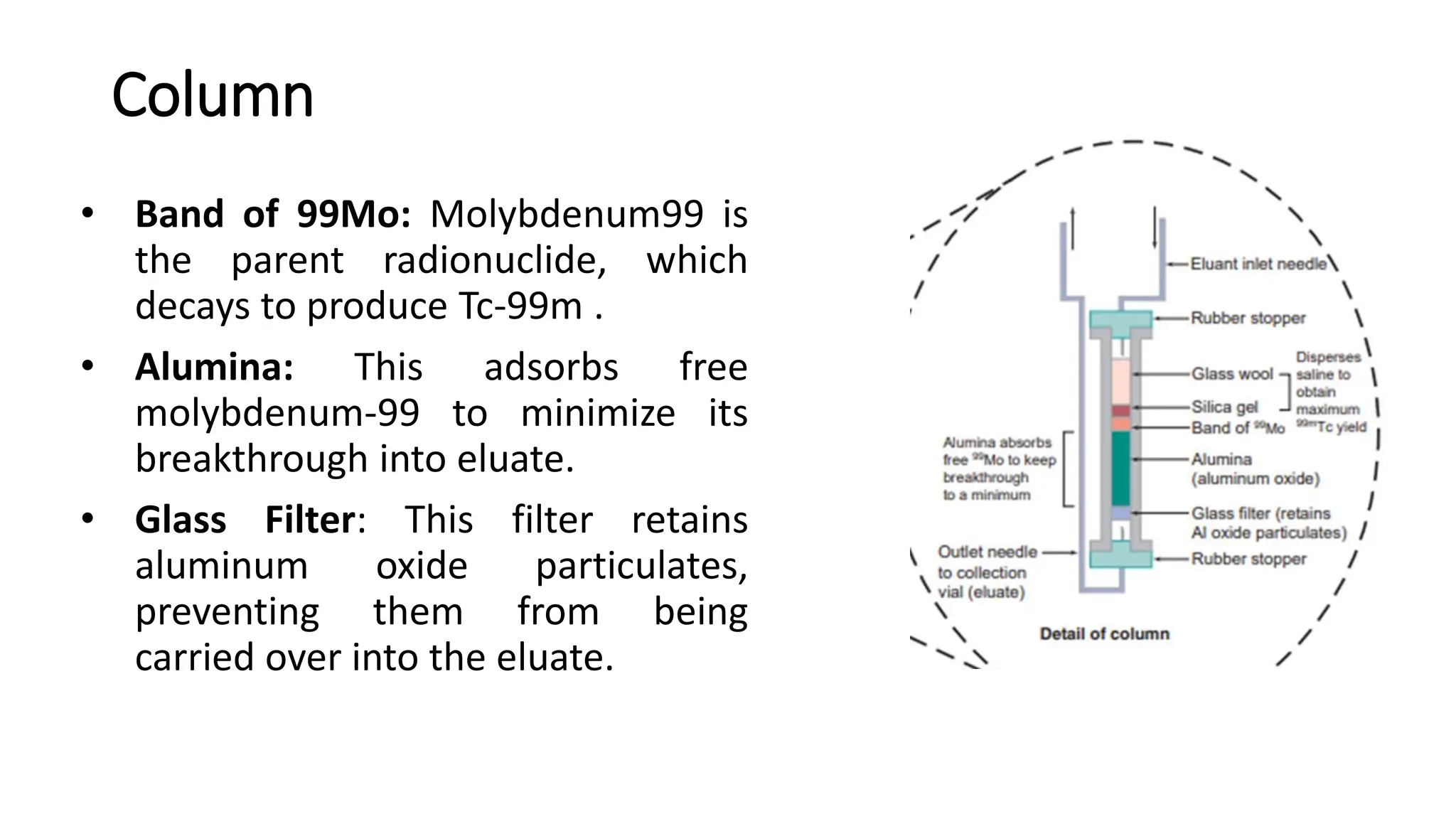 Column
• Band of 99Mo: Molybdenum99 is
the parent radionuclide, which
decays to produce Tc-99m .
• Alumina: This adsorbs free
molybdenum-99 to minimize its
breakthrough into eluate.
• Glass Filter: This filter retains
aluminum oxide particulates,
preventing them from being
carried over into the eluate.
 