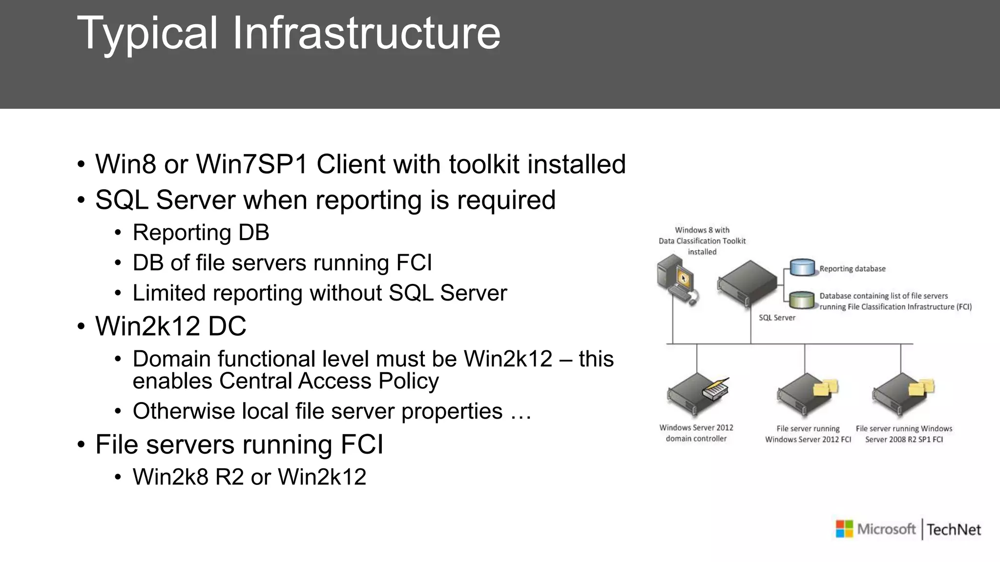 Typical Infrastructure
• Win8 or Win7SP1 Client with toolkit installed
• SQL Server when reporting is required
• Reporting DB
• DB of file servers running FCI
• Limited reporting without SQL Server
• Win2k12 DC
• Domain functional level must be Win2k12 – this
enables Central Access Policy
• Otherwise local file server properties …
• File servers running FCI
• Win2k8 R2 or Win2k12
 