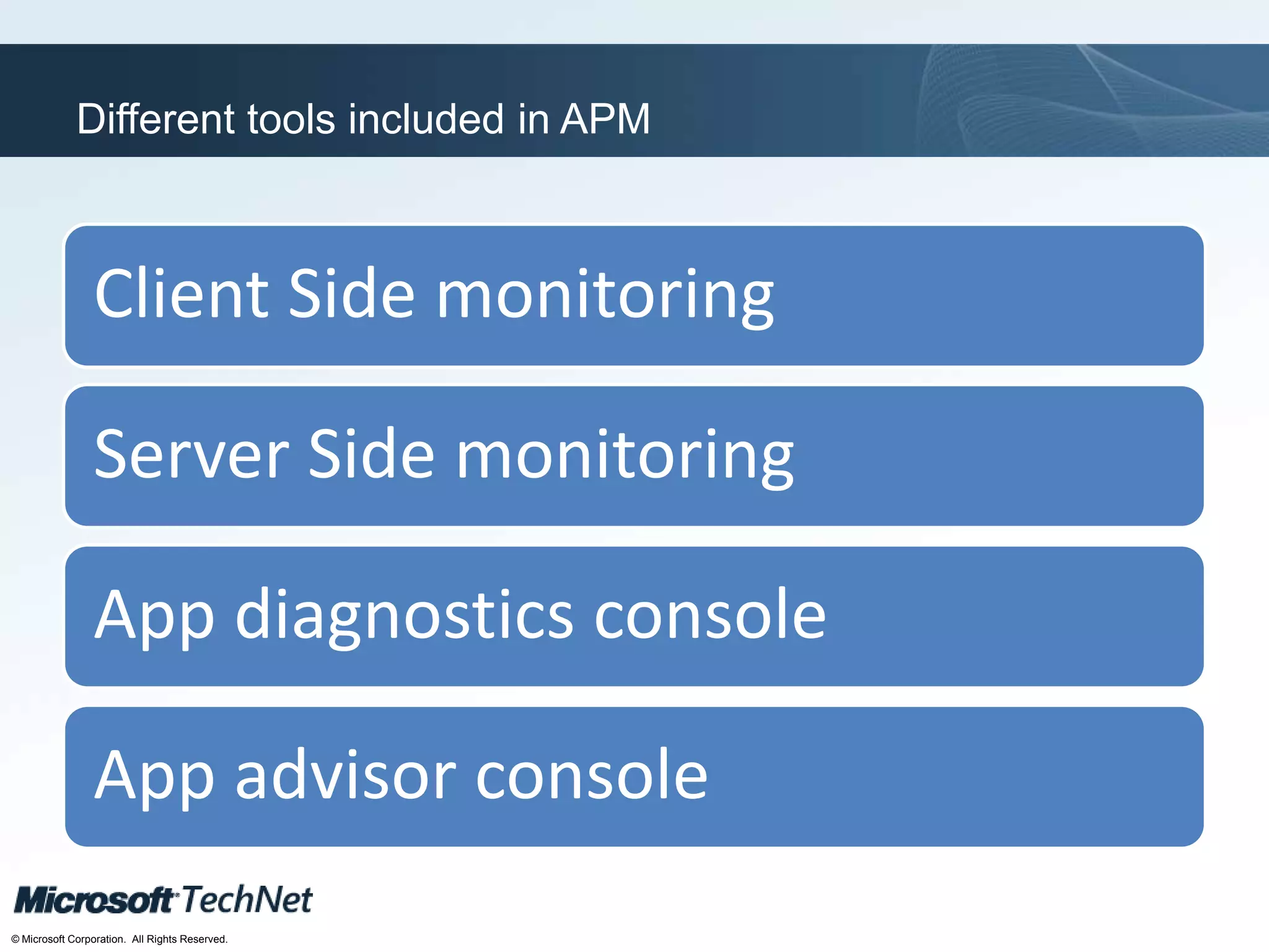 Click to edit Master title style
TechNet goes virtual
© Microsoft Corporation. All Rights Reserved.
Different tools included in APM
Client Side monitoring
Server Side monitoring
App diagnostics console
App advisor console
 