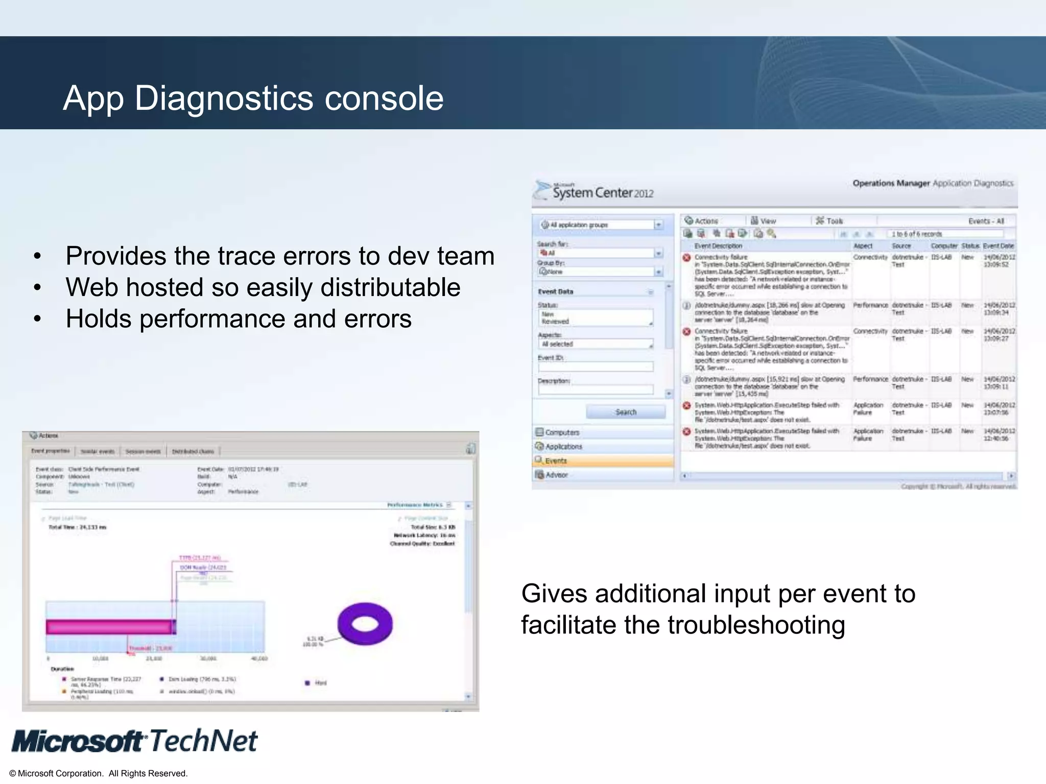 Click to edit Master title style
TechNet goes virtual
© Microsoft Corporation. All Rights Reserved.
App Diagnostics console
• Provides the trace errors to dev team
• Web hosted so easily distributable
• Holds performance and errors
Gives additional input per event to
facilitate the troubleshooting
 