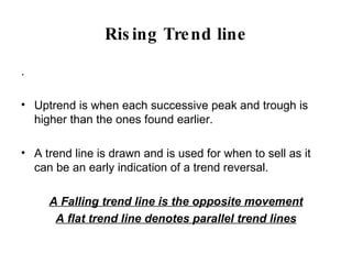 Rising Trend line .  Uptrend is when each successive peak and trough is higher than the ones found earlier. A trend line is drawn and is used for when to sell as it can be an early indication of a trend reversal. A Falling trend line is the opposite movement A flat trend line denotes parallel trend lines 