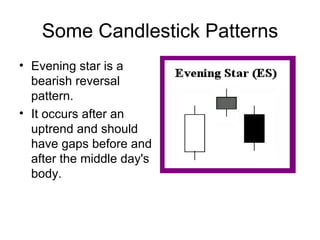Some Candlestick Patterns Evening star is a bearish reversal pattern.  It occurs after an uptrend and should have gaps before and after the middle day's body.  