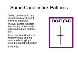 Some Candlestick Patterns Doji is considered to be a neutral candlestick and it indicates indecision.  The Doji candle indicates the clashing of the heads between the bulls and the bear. It represents a situation in which the bulls and the bears are both trying to force the market but neither is winning.   