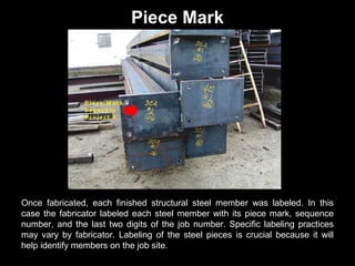 Piece Mark

Once fabricated, each finished structural steel member was labeled. In this
case the fabricator labeled each steel member with its piece mark, sequence
number, and the last two digits of the job number. Specific labeling practices
may vary by fabricator. Labeling of the steel pieces is crucial because it will
help identify members on the job site.

 