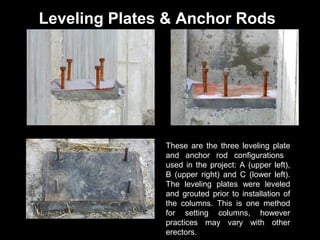 Leveling Plates & Anchor Rods

These are the three leveling plate
and anchor rod configurations
used in the project: A (upper left),
B (upper right) and C (lower left).
The leveling plates were leveled
and grouted prior to installation of
the columns. This is one method
for setting columns, however
practices may vary with other
erectors.

 