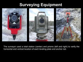 Surveying Equipment

The surveyor used a total station (center) and prisms (left and right) to verify the
horizontal and vertical location of each leveling plate and anchor rod.

 
