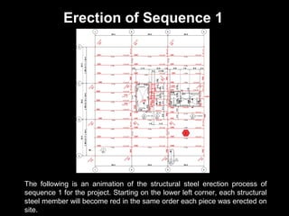 Erection of Sequence 1

The following is an animation of the structural steel erection process of
sequence 1 for the project. Starting on the lower left corner, each structural
steel member will become red in the same order each piece was erected on
site.

 