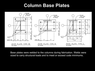 Column Base Plates

Base plates were welded to the columns during fabrication. Welds were
sized to carry structural loads and to meet or exceed code minimums.

 