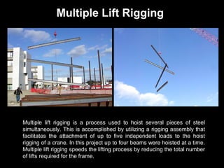 Multiple Lift Rigging

Multiple lift rigging is a process used to hoist several pieces of steel
simultaneously. This is accomplished by utilizing a rigging assembly that
facilitates the attachment of up to five independent loads to the hoist
rigging of a crane. In this project up to four beams were hoisted at a time.
Multiple lift rigging speeds the lifting process by reducing the total number
of lifts required for the frame.

 