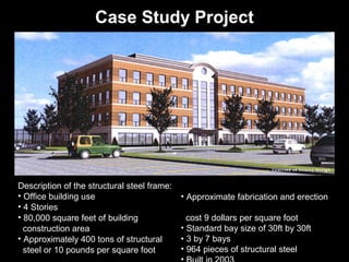 Case Study Project

Description of the structural steel frame:
• Office building use
• 4 Stories
• 80,000 square feet of building
construction area
• Approximately 400 tons of structural
steel or 10 pounds per square foot

• Approximate fabrication and erection
cost 9 dollars per square foot
• Standard bay size of 30ft by 30ft
• 3 by 7 bays
• 964 pieces of structural steel

 