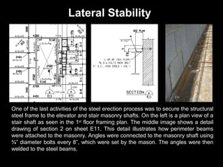 Lateral Stability

One of the last activities of the steel erection process was to secure the structural
steel frame to the elevator and stair masonry shafts. On the left is a plan view of a
stair shaft as seen in the 1st floor framing plan. The middle image shows a detail
drawing of section 2 on sheet E11. This detail illustrates how perimeter beams
were attached to the masonry. Angles were connected to the masonry shaft using
¾” diameter bolts every 8”, which were set by the mason. The angles were then
welded to the steel beams.

 