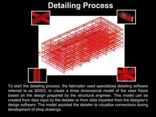 Detailing Process

To start the detailing process, the fabricator used specialized detailing software
referred to as SDS/2, to create a three dimensional model of the steel frame
based on the design prepared by the structural engineer. This model can be
created from data input by the detailer or from data imported from the designer’s
design software. The model assisted the detailer to visualize connections during
development of shop drawings.

 