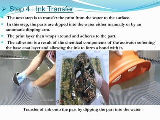  Step 4 : Ink Transfer
 The next step is to transfer the print from the water to the surface.
 In this step, the parts are dipped into the water either manually or by an
automatic dipping arm.
 The print layer then wraps around and adheres to the part.
 The adhesion is a result of the chemical components of the activator softening
the base coat layer and allowing the ink to form a bond with it.
Transfer of ink onto the part by dipping the part into the water
 
