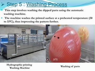  Step 5 : Washing Process
 This step involves washing the dipped parts using the automatic
washing machine.
 The machine washes the printed surface at a preheated temperature (30
to 33’C), thus impressing the pattern further.
Hydrographic printing
Washing Machine
Washing of parts
 
