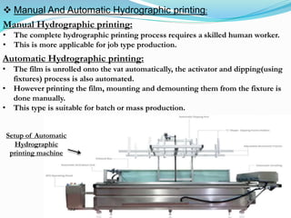  Manual And Automatic Hydrographic printing:
Manual Hydrographic printing:
• The complete hydrographic printing process requires a skilled human worker.
• This is more applicable for job type production.
Automatic Hydrographic printing:
• The film is unrolled onto the vat automatically, the activator and dipping(using
fixtures) process is also automated.
• However printing the film, mounting and demounting them from the fixture is
done manually.
• This type is suitable for batch or mass production.
Setup of Automatic
Hydrographic
printing machine
 