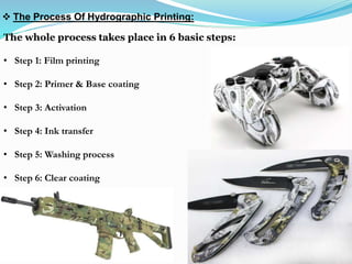 The whole process takes place in 6 basic steps:
• Step 1: Film printing
• Step 2: Primer & Base coating
• Step 3: Activation
• Step 4: Ink transfer
• Step 5: Washing process
• Step 6: Clear coating
 The Process Of Hydrographic Printing:
 