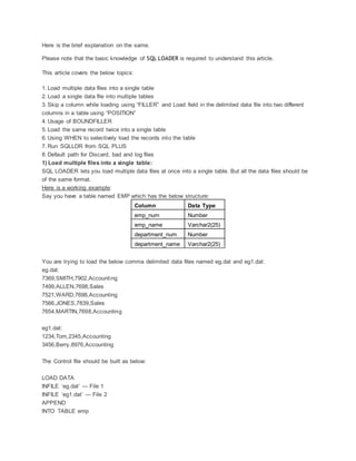 Here is the brief explanation on the same.
Please note that the basic knowledge of SQL LOADER is required to understand this article.
This article covers the below topics:
1. Load multiple data files into a single table
2. Load a single data file into multiple tables
3. Skip a column while loading using “FILLER” and Load field in the delimited data file into two different
columns in a table using “POSITION”
4. Usage of BOUNDFILLER
5. Load the same record twice into a single table
6. Using WHEN to selectively load the records into the table
7. Run SQLLDR from SQL PLUS
8. Default path for Discard, bad and log files
1) Load multiple files into a single table:
SQL LOADER lets you load multiple data files at once into a single table. But all the data files should be
of the same format.
Here is a working example:
Say you have a table named EMP which has the below structure:
Column Data Type
emp_num Number
emp_name Varchar2(25)
department_num Number
department_name Varchar2(25)
You are trying to load the below comma delimited data files named eg.dat and eg1.dat:
eg.dat:
7369,SMITH,7902,Accounting
7499,ALLEN,7698,Sales
7521,WARD,7698,Accounting
7566,JONES,7839,Sales
7654,MARTIN,7698,Accounting
eg1.dat:
1234,Tom,2345,Accounting
3456,Berry,8976,Accounting
The Control file should be built as below:
LOAD DATA
INFILE ‘eg.dat’ — File 1
INFILE ‘eg1.dat’ — File 2
APPEND
INTO TABLE emp
 
