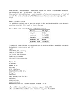 If the data file is a delimited file and it has a header included in it, then this can be achieved by referring
the field preceded with “:” eg description “(:emp_name)”.
If the data file is delimited file without a header included in it, Position (start_pos:end_pos) or “(:field)” will
not work. This can be achieved using POSITION (1) clause which takes you to the beginning of the
record.
Here is a Working Example:
The requirement here is to load the field emp_name in the data field into two columns – emp_name and
description of the table EMP. Here is the Working Example:
Say you have a table named EMP which has the below structure:
Column Data Type
emp_num Number
emp_name Varchar2(25)
description Varchar2(25)
department_num Number
department_name Varchar2(25)
You are trying to load the below comma delimited data file named eg.dat which has 4 fields that need to
be loaded into 5 columns of the table EMP.
eg.dat:
7369,SMITH,7902,Accounting
7499,ALLEN,7698,Sales
7521,WARD,7698,Accounting
7566,JONES,7839,Sales
7654,MARTIN,7698,Accounting
Control File:
LOAD DATA
INFILE ‘eg.dat’
APPEND
INTO TABLE emp
FIELDS TERMINATED BY “,”
(emp_num,
emp_name,
desc_skip FILLER POSITION(1),
description,
department_num,
department_name)
Explanation on how SQL LOADER processes the above CTL file:
 The first field in the data file is loaded into column emp_num of table EMP
 The second field in the data file is loaded into column emp_name of table EMP
 