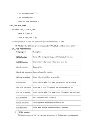 l_log_employee_name||’ (’||
l_log_employee_num ||
’) does not have a manager.’);
 FND_FILE.NEW_LINE
procedure FND_FILE.NEW_LINE
(which IN NUMBER,
LINES IN NATURAL := 1);
Use this procedure to write line terminators (new line characters) to a file.
18. What are the different procedures used in UTL_FILE and Exceptions also?
UTL_FILE PROCEDURES
Subprogram Description
FOPEN function Opens a file for input or output with the default line size.
IS_OPEN function Determines if a file handle refers to an open file.
FCLOSE procedure Closes a file.
FCLOSE_ALL procedure Closes all open file handles.
GET_LINE procedure Reads a line of text from an open file.
PUT procedure Writes a line to a file. This does not append a line terminator.
NEW_LINE procedure Writes one or more OS-specific line terminators to a file.
PUT_LINE procedure Writes a line to a file. This appends an OS-specific line terminator.
PUTF procedure A PUT procedure with formatting.
FFLUSH procedure Physically writes all pending output to a file.
FOPEN function Opens a file with the maximum line size specified.
1. FOPEN function
This function opens a file. You can have a maximum of 50 files open simultaneously.
 